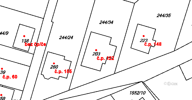 Kladeruby 122 na parcele st. 203 v KÚ Kladeruby, Katastrální mapa
