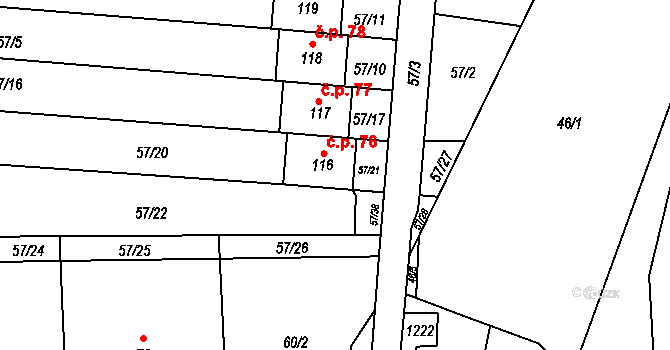 Koválovice u Tištína 76, Koválovice-Osíčany na parcele st. 116 v KÚ Koválovice u Tištína, Katastrální mapa