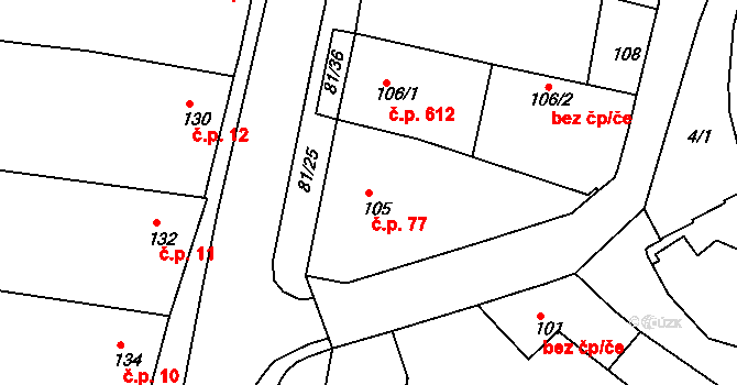 Obřany 77, Brno na parcele st. 105 v KÚ Obřany, Katastrální mapa