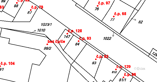 Panenský Týnec 93 na parcele st. 84 v KÚ Panenský Týnec, Katastrální mapa