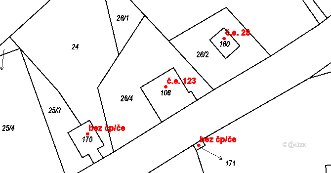 Horní Halže 123, Měděnec na parcele st. 108 v KÚ Horní Halže, Katastrální mapa