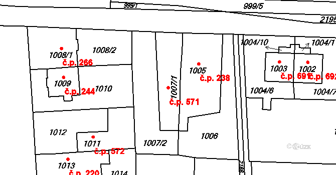 Ruzyně 571, Praha na parcele st. 1007/1 v KÚ Ruzyně, Katastrální mapa