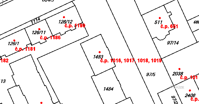 Hodolany 1016,1017,1018,1019, Olomouc na parcele st. 1483 v KÚ Hodolany, Katastrální mapa