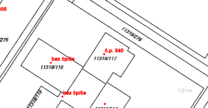 Severní Předměstí 840, Plzeň na parcele st. 11319/117 v KÚ Plzeň, Katastrální mapa
