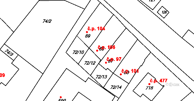 Čebín 106 na parcele st. 88 v KÚ Čebín, Katastrální mapa