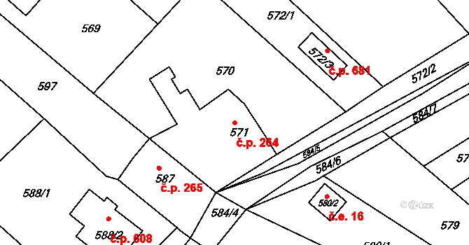 Týnec nad Labem 264 na parcele st. 571 v KÚ Týnec nad Labem, Katastrální mapa