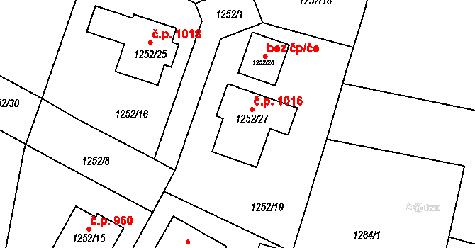 Kosmonosy 1016 na parcele st. 1252/27 v KÚ Kosmonosy, Katastrální mapa