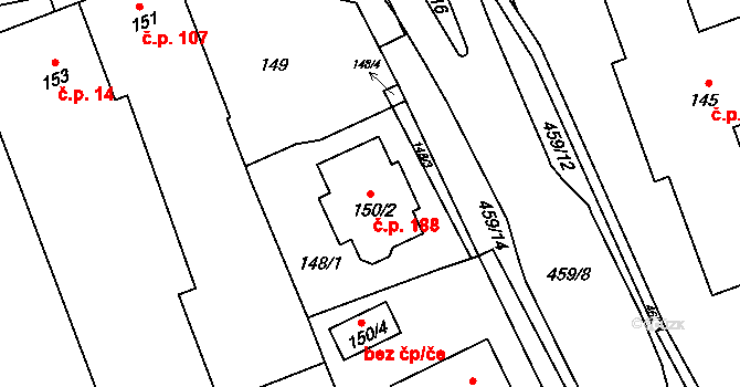 Tovéř 188 na parcele st. 150/2 v KÚ Tovéř, Katastrální mapa