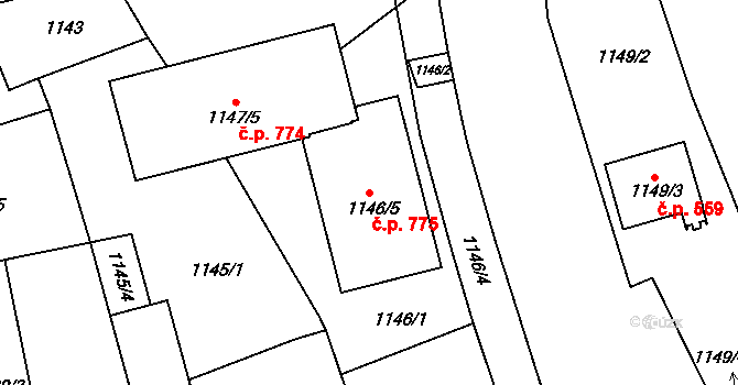 Tlučná 775 na parcele st. 1146/5 v KÚ Tlučná, Katastrální mapa