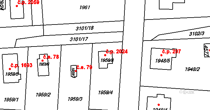 Čelákovice 2024 na parcele st. 1959/8 v KÚ Čelákovice, Katastrální mapa