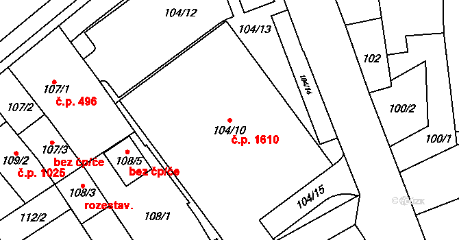 Pohořelice 1610 na parcele st. 104/10 v KÚ Pohořelice nad Jihlavou, Katastrální mapa