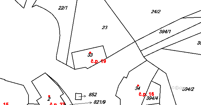 Brťoví 19, Prosetín na parcele st. 33 v KÚ Brťoví, Katastrální mapa