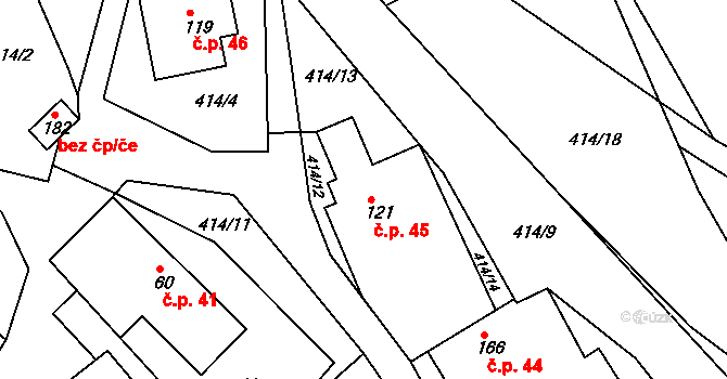 Kladná Žilín 45, Luhačovice na parcele st. 121 v KÚ Kladná Žilín, Katastrální mapa