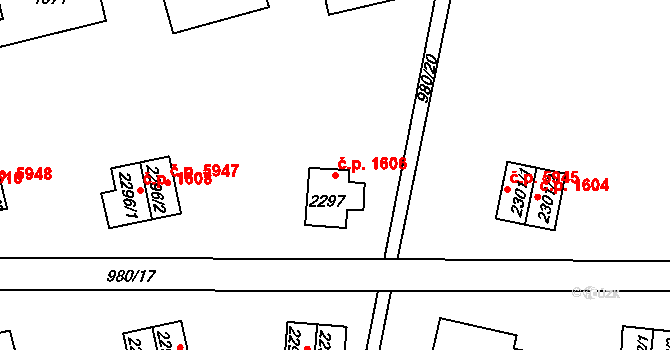 Zlín 1606 na parcele st. 2297 v KÚ Zlín, Katastrální mapa