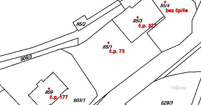 Hanušovice 73 na parcele st. 85/1 v KÚ Hanušovice, Katastrální mapa