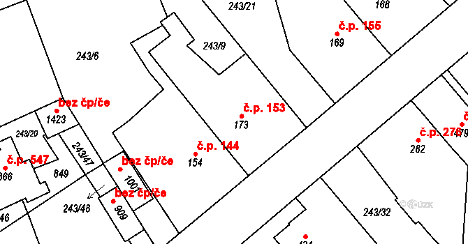 Rosice 153, Pardubice na parcele st. 173 v KÚ Rosice nad Labem, Katastrální mapa