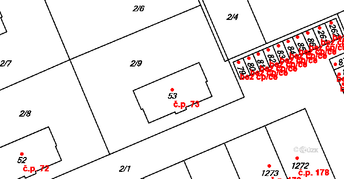 Doubravice 73, Pardubice na parcele st. 53 v KÚ Semtín, Katastrální mapa
