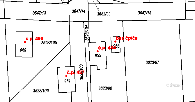 Kožlany 484 na parcele st. 955 v KÚ Kožlany, Katastrální mapa