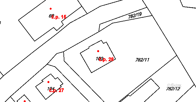 Hrudkov 28, Vyšší Brod na parcele st. 100 v KÚ Hrudkov, Katastrální mapa