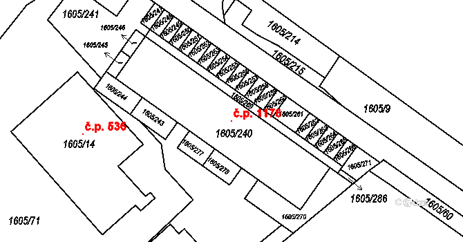 Modřice 1176 na parcele st. 1605/240 v KÚ Modřice, Katastrální mapa