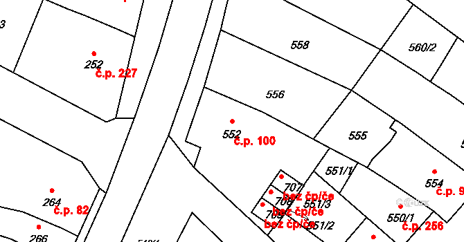 Vážany 100, Kroměříž na parcele st. 552 v KÚ Vážany u Kroměříže, Katastrální mapa