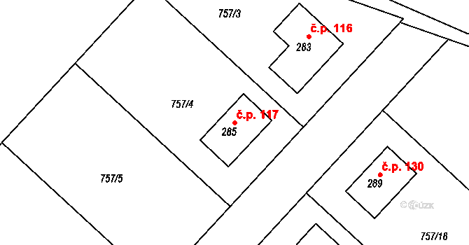 Sovínky 117 na parcele st. 285 v KÚ Sovínky, Katastrální mapa