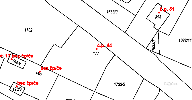 Nesměřice 44, Zruč nad Sázavou na parcele st. 177 v KÚ Nesměřice, Katastrální mapa