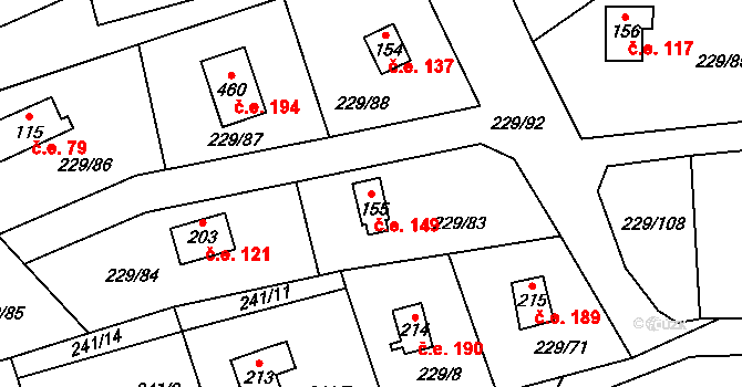 Hostěradice 149, Kamenný Přívoz na parcele st. 155 v KÚ Hostěradice, Katastrální mapa