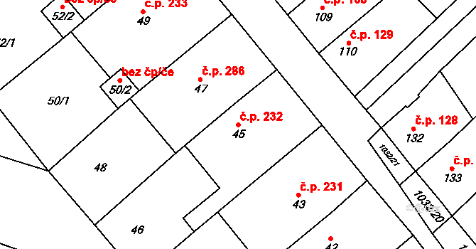 Tetčice 232 na parcele st. 45 v KÚ Tetčice, Katastrální mapa