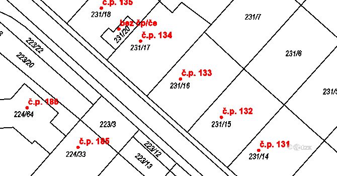 Skoronice 133 na parcele st. 231/16 v KÚ Skoronice, Katastrální mapa