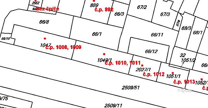 Kyjov 1010,1011 na parcele st. 1049/1 v KÚ Kyjov, Katastrální mapa