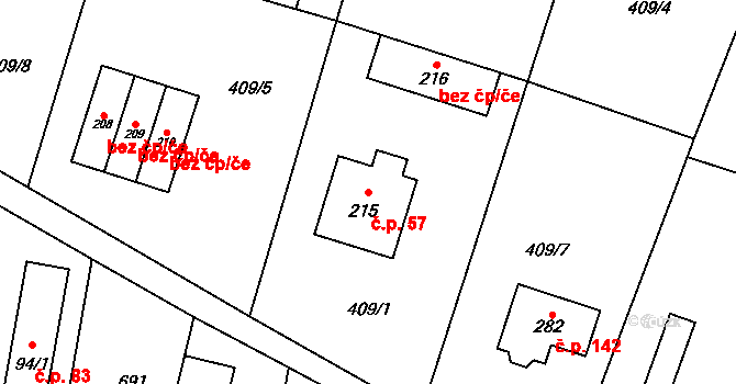 Ledce 57 na parcele st. 215 v KÚ Ledce u Mladé Boleslavi, Katastrální mapa