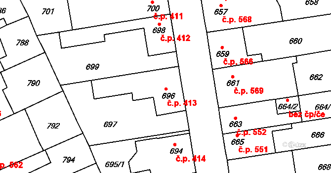 Kosmonosy 413 na parcele st. 696 v KÚ Kosmonosy, Katastrální mapa