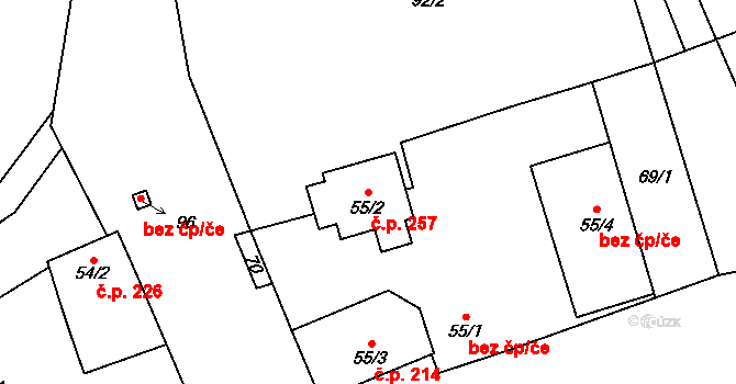 Vrbice 257, Mšené-lázně na parcele st. 55/2 v KÚ Vrbice u Mšeného-lázní, Katastrální mapa