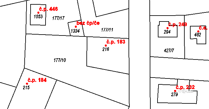 Velké Popovice 183 na parcele st. 216 v KÚ Velké Popovice, Katastrální mapa