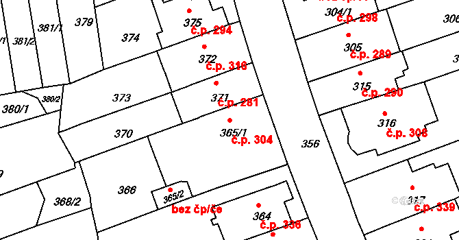 Komárov 304, Brno na parcele st. 365/1 v KÚ Komárov, Katastrální mapa