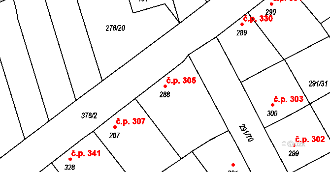Černčice 305 na parcele st. 288 v KÚ Černčice u Loun, Katastrální mapa