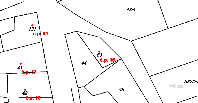 Svinaře 16 na parcele st. 63 v KÚ Svinaře, Katastrální mapa
