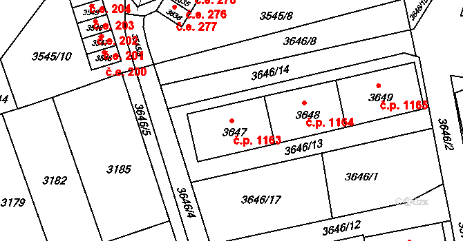 Jirkov 1163 na parcele st. 3647 v KÚ Jirkov, Katastrální mapa