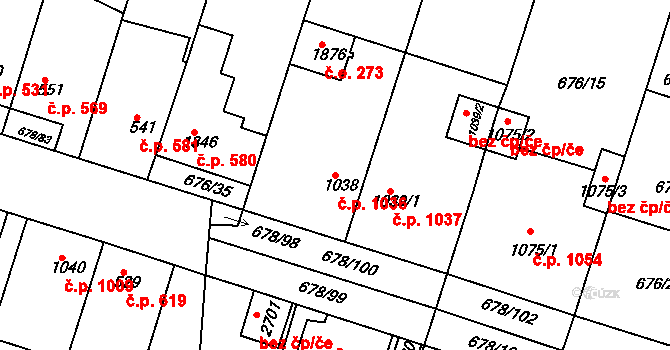 Rosice 1036 na parcele st. 1038 v KÚ Rosice u Brna, Katastrální mapa