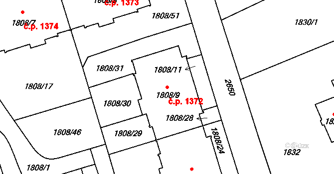 Prostřední Suchá 1372, Havířov na parcele st. 1808/9 v KÚ Prostřední Suchá, Katastrální mapa