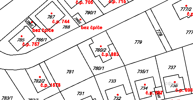 Radotín 883, Praha na parcele st. 780/2 v KÚ Radotín, Katastrální mapa