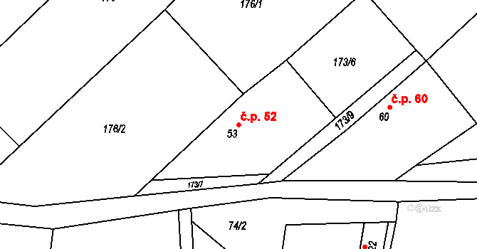 Lžovice 52, Týnec nad Labem na parcele st. 53 v KÚ Lžovice, Katastrální mapa