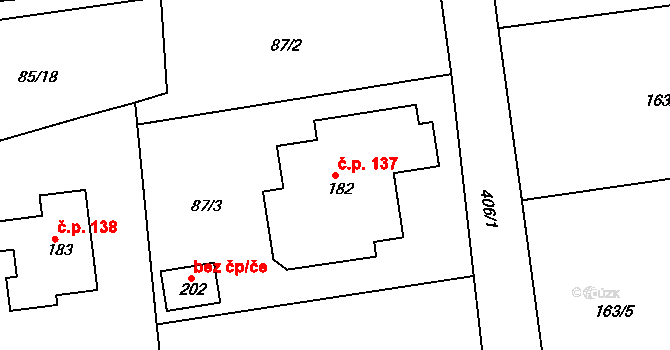 Borek 137, Rokycany na parcele st. 182 v KÚ Borek u Rokycan, Katastrální mapa