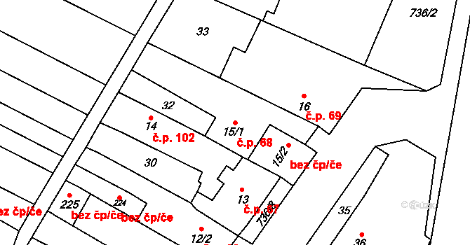 Dalešice 68 na parcele st. 15/1 v KÚ Dalešice, Katastrální mapa