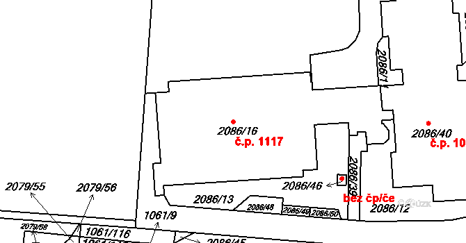 Skvrňany 1117, Plzeň na parcele st. 2086/16 v KÚ Skvrňany, Katastrální mapa