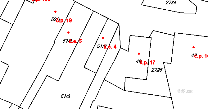 Ovesné Kladruby 4 na parcele st. 51/2 v KÚ Ovesné Kladruby, Katastrální mapa