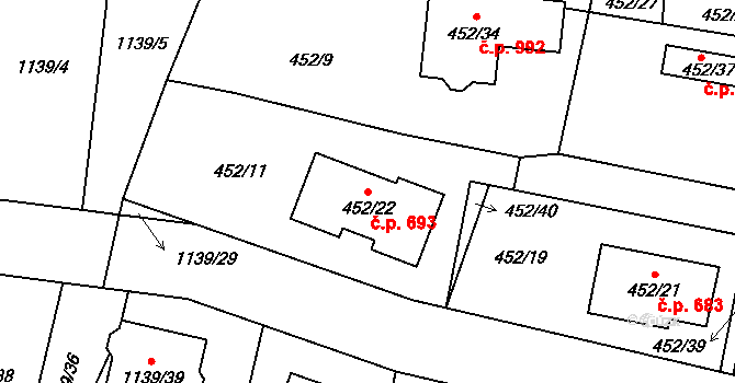 Vejprnice 693 na parcele st. 452/22 v KÚ Vejprnice, Katastrální mapa
