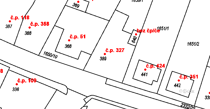 Křižanov 327 na parcele st. 389 v KÚ Křižanov, Katastrální mapa