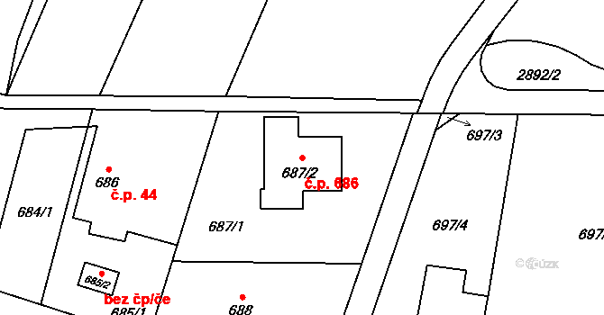 Hať 686 na parcele st. 687/2 v KÚ Hať, Katastrální mapa